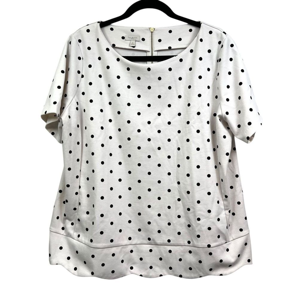 Talbots Women Tunic Top Round Collar Polk Dots Short Sleeves Cream Black Sz 1X*